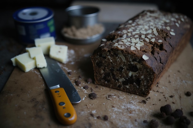 Glutenvrij dadelbrood van ontpitte en ontpitte glutenvrije amandelmelk van gluten op een tafel gecreëerd door generatieve AI