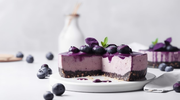 Glutenvrije veganistische bosbessen cheesecake rauw en nobake op witte achtergrond Zoet en gezond dessert