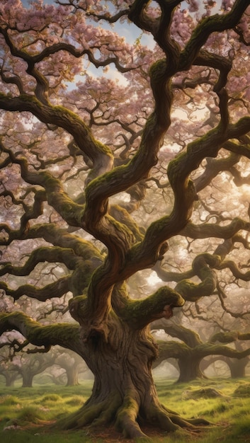 Gnarled oak tree bedecked with fragrant blossoms in sunset