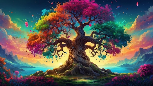 A gnarled tree with rainbow colored leaves in front of a lake and mountains