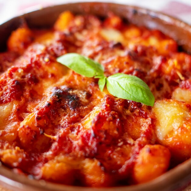 Gnocchi alla Sorrentina, Italiaanse Aardappel Dumplings in Tomatensaus, Gegratineerd Met Mozzarella Kaas in een Terracotta Schotel. Selectieve aandacht.