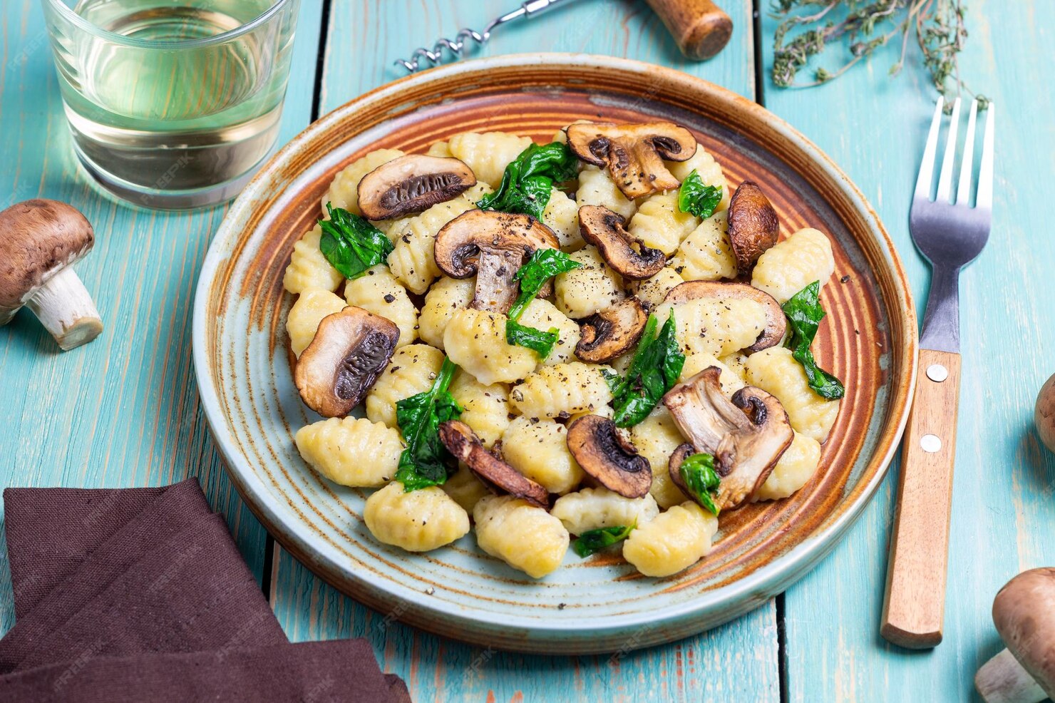Premium Photo | Gnocchi in a creamy sauce with mushrooms and spinach