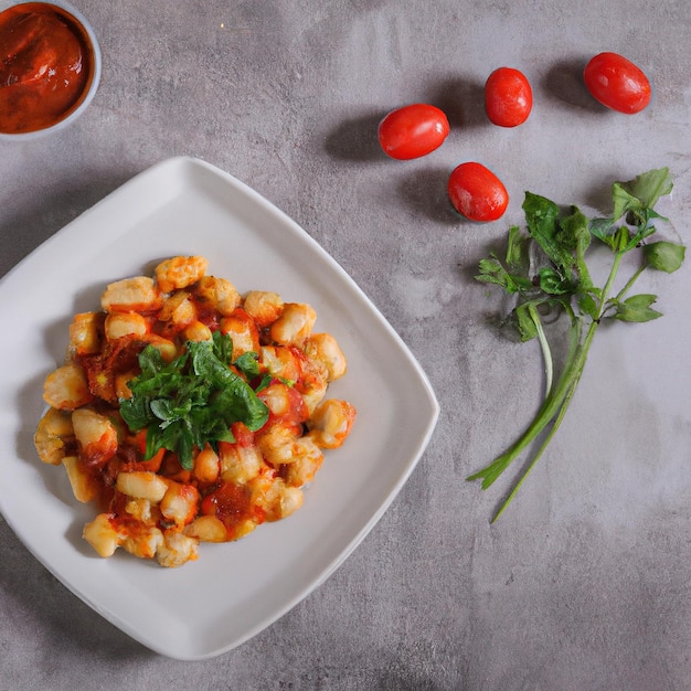 Gnocchi al sugo con un po' di prezzemolo serviti in un piatto bianco su tavola di cemento bruciato con pezzi di pomodoro e prezzemolo sparsi sul tavolo vista dall'alto