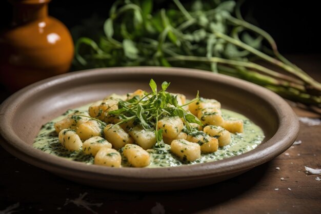 Gnocchi tossed with herbs and sauce on a plate