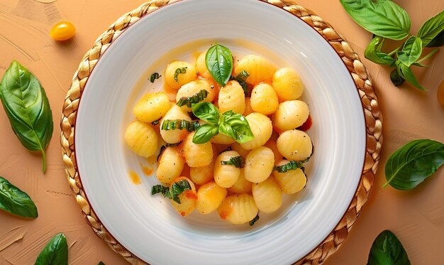 Photo gnocchi in a white plate on orange braided background with green leavestop view