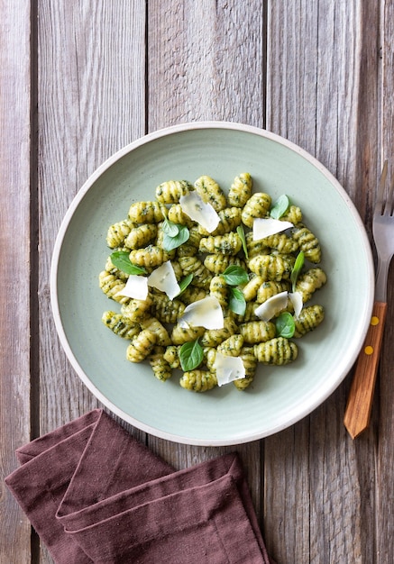 Gnocchi with pesto sauce basil and Parmesan cheese Healthy food Vegetarian food Diet