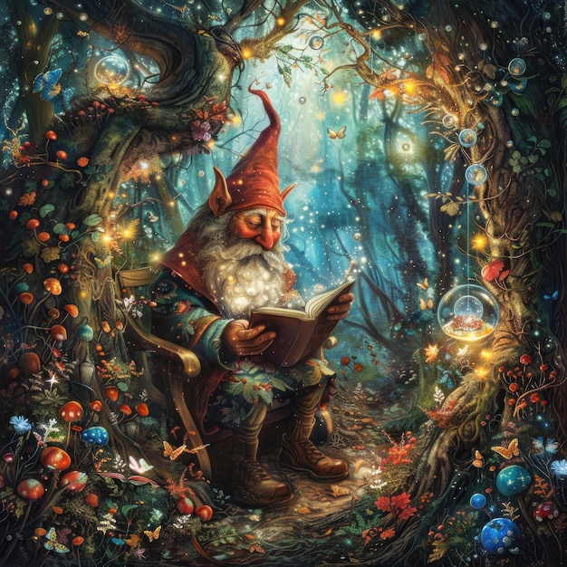 A gnome deciphering the mysteries of quantum computing amidst a vibrant enchanted forest