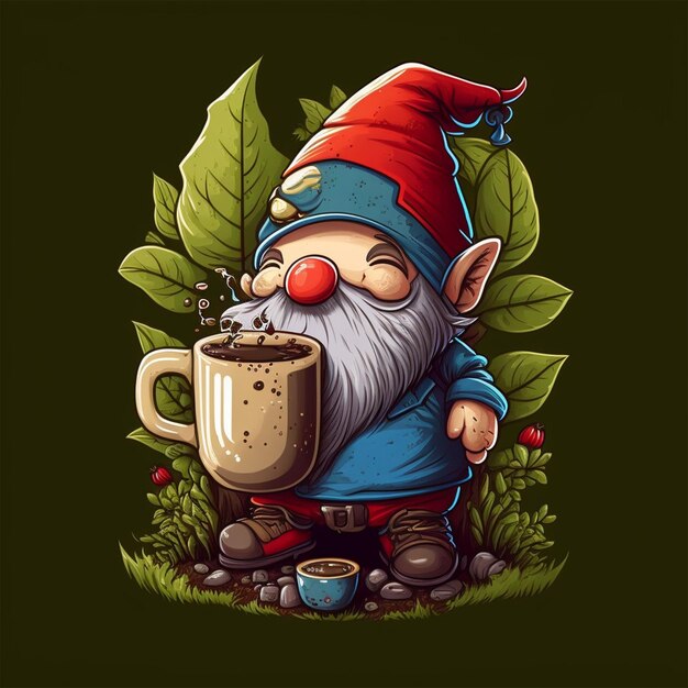 Gnome drinking coffee vector illustration