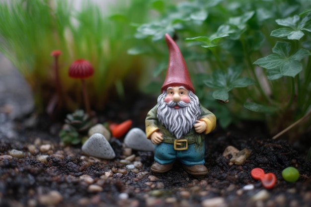 A gnome in a garden with mushrooms