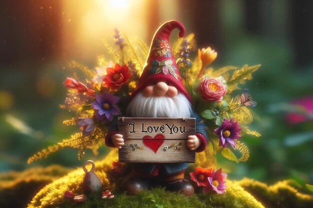 A gnome holding a sign that says I love you in front of a flower arrangement