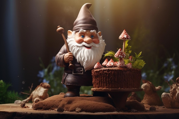 A gnome perched on a chocolate cake