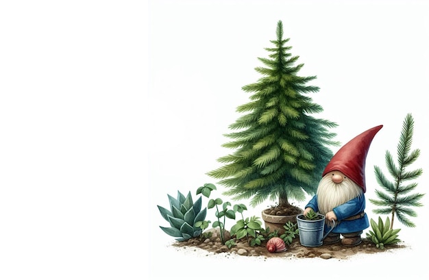 gnome plant a pine tree watercolor clipart style Save earth planet concept ecology nature of earth