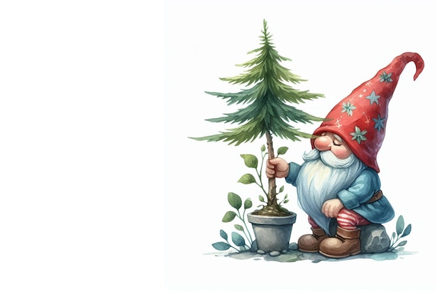 gnome plant a pine tree watercolor clipart style Save earth planet concept ecology nature of earth