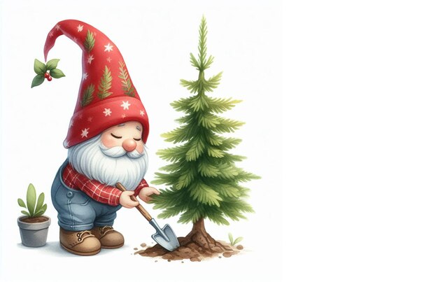 gnome plant a pine tree watercolor clipart style Save earth planet concept ecology nature of earth