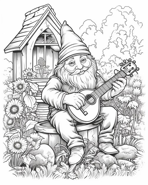 Photo a gnome playing a guitar in front of a house generative ai