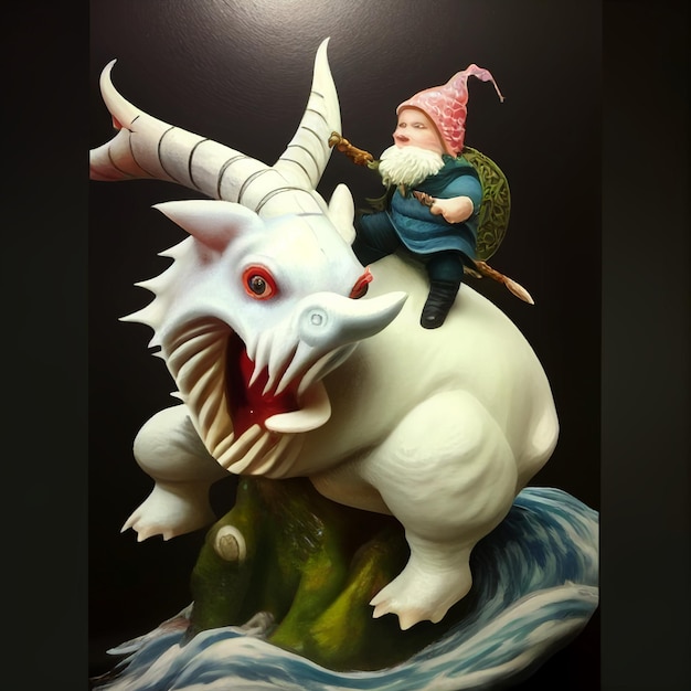 A gnome riding a dragon with a stick on his back