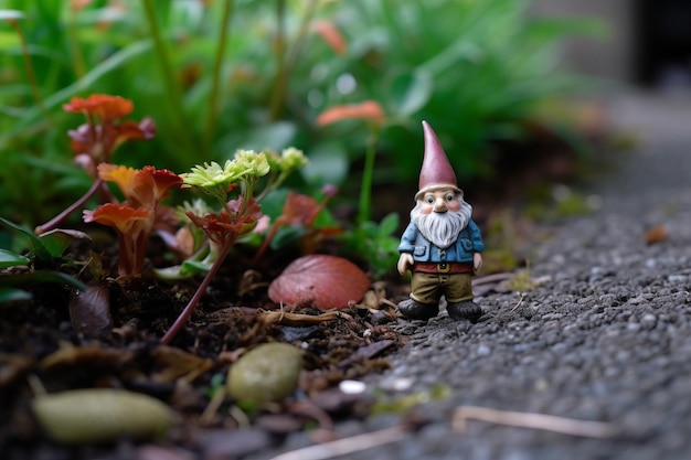 A gnome sits in the garden with plants and plants.