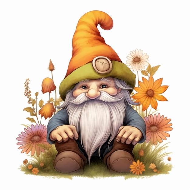 gnome sitting in the grass with flowers and a hat generative ai