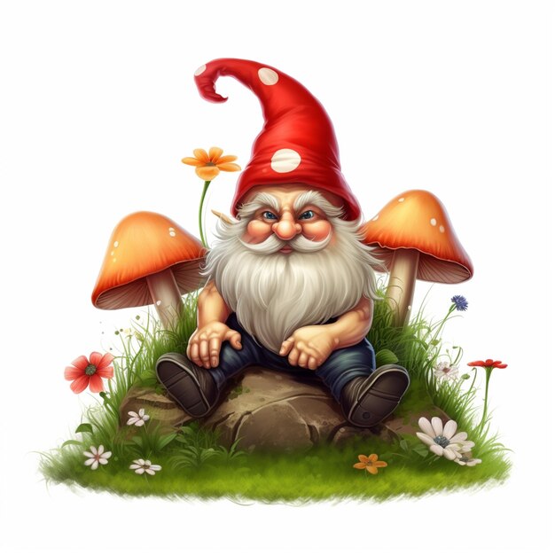 gnome sitting on a rock with mushrooms and flowers generative ai