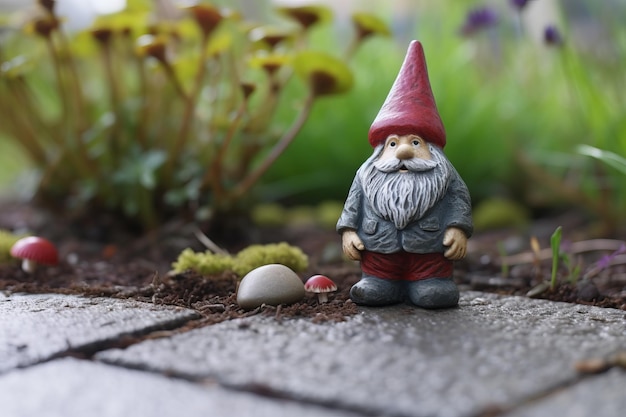 A gnome statue sits in a garden with a stone in the background.