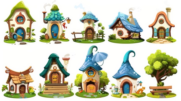 A gnome village with gnomes huts lanterns benches and water well on a white background Modern illustration of fairy tale buildings forest huts lanterns and plants