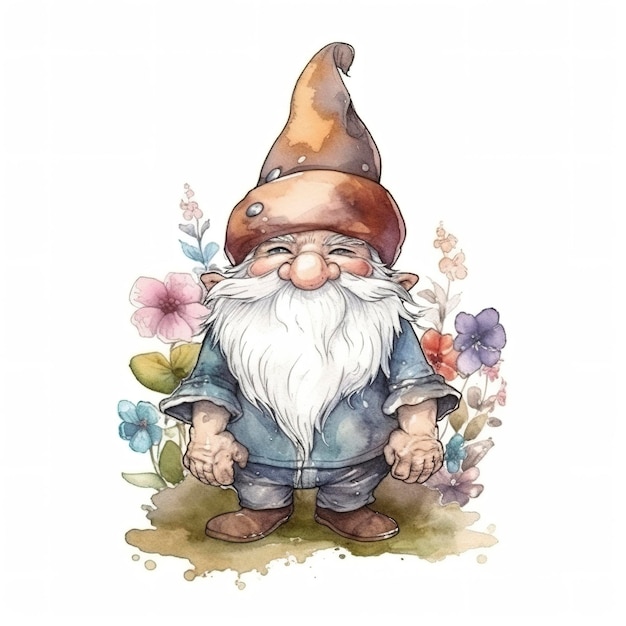 Gnome Watercolor Sticker Joyful Muted Color Retro Contour White Background generat ai