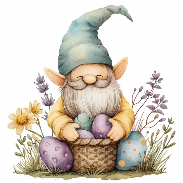 Photo gnome with a basket of eggs and flowers generative ai