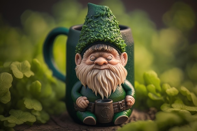 A gnome with a green hat sits in front of a mug with the letter j on it.