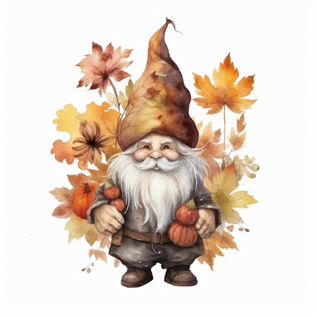 A gnome with a hat and a pumpkin in the middle