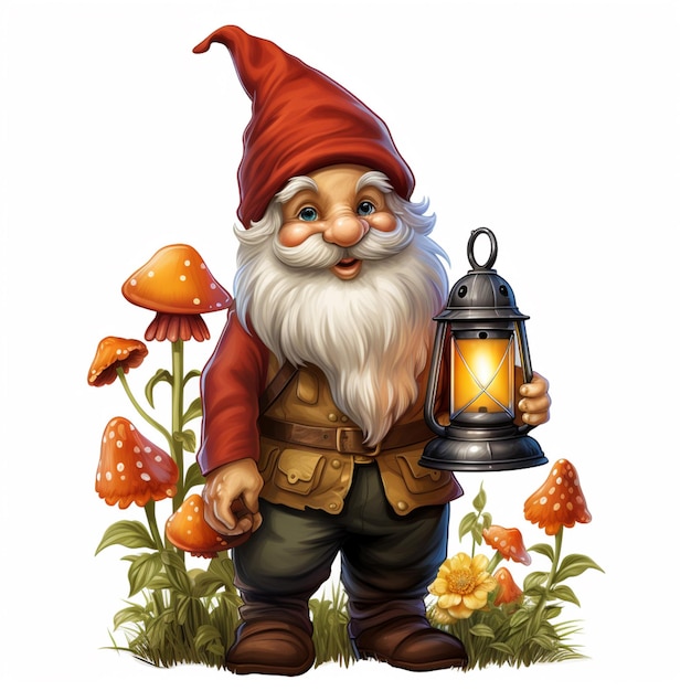 gnome with lantern and mushrooms generative ai