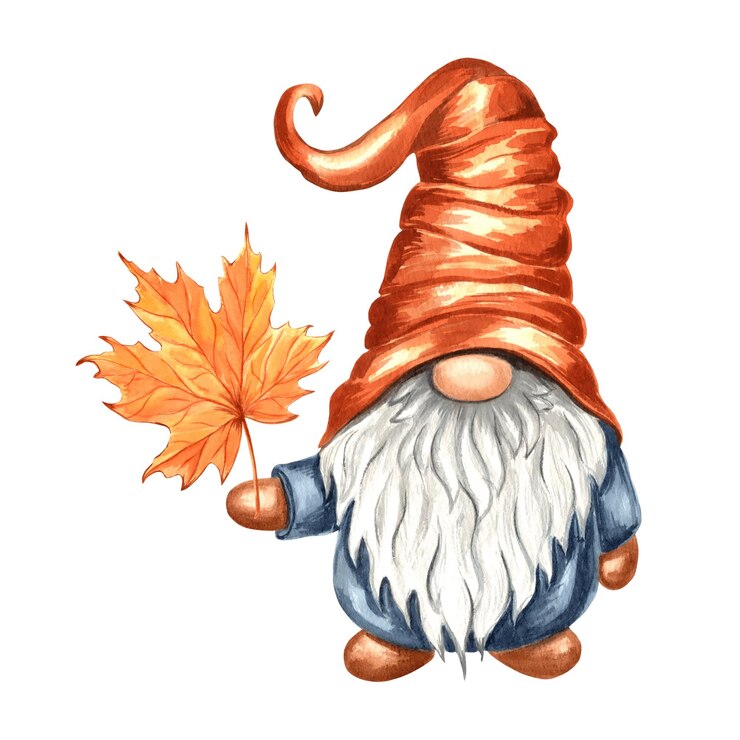 Photo gnome with maple leaf nordic magic dwarfs hand drawn watercolor illustration isolated cute