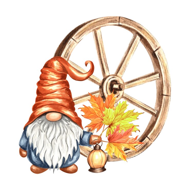 Photo gnome with maple leaves and lantern near wooden wheel hand drawn watercolor illustration
