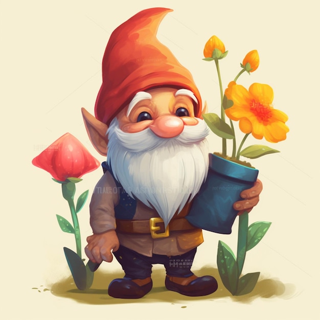 Gnome with a pot of flowers generative ai