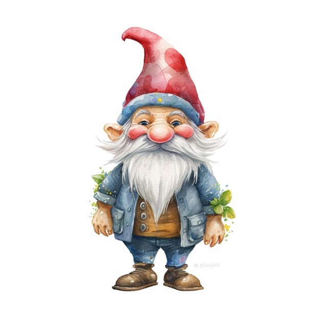 A gnome with a red hat and a blue jacket stands in front of a white background.