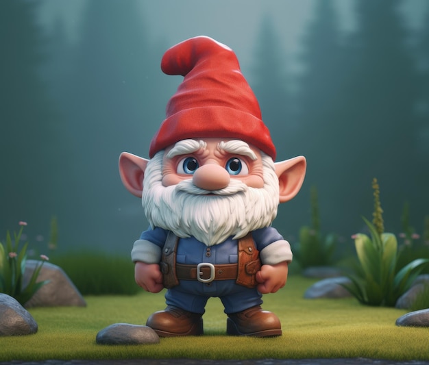 A gnome with a red hat and blue pants