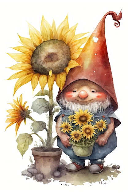 Gnome with a sunflower watercolor art