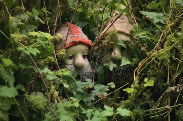 Gnomes chipped face peering from behind bushes created with generative ai