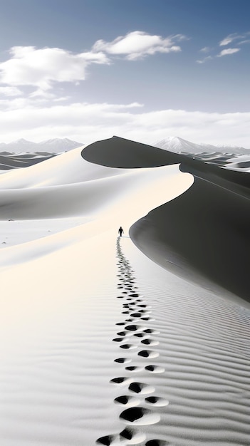 写真 一人で行って砂砂漠の風景の上を歩く