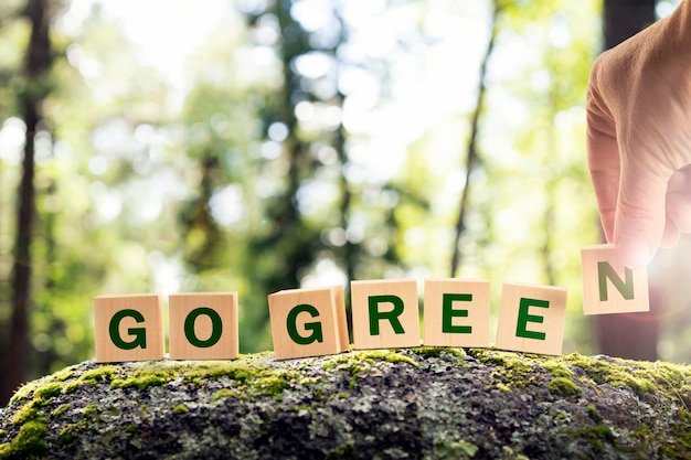 Go green is an ecological concept of a green world and planet text letters on cubes in the forest ag...