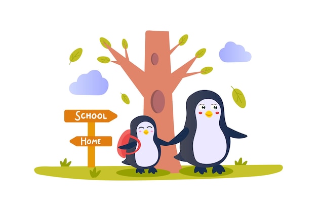 Go to school concept with character scene in flat cartoon design Mother penguin
