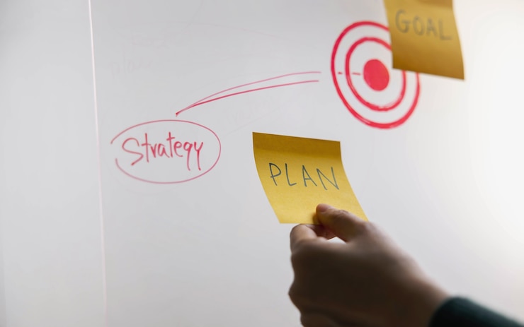 Photo goal, plan, challenge and strategy concept. person making business plan on sticky note
