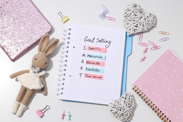 Goal plan in a pink notebook with a toy bunny