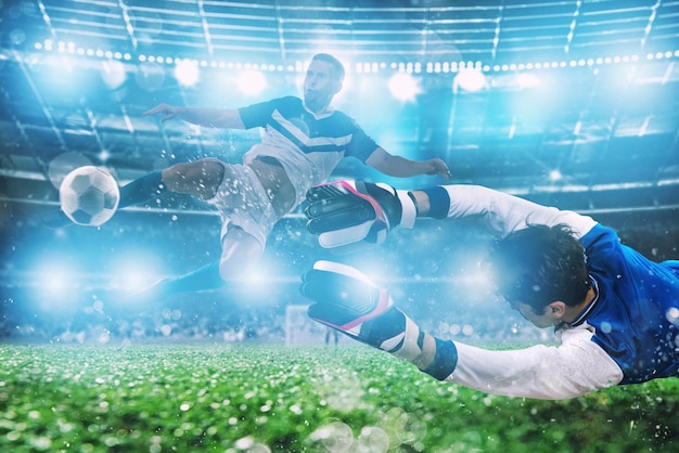 Goalkeeper catches the ball in the stadium during a football game