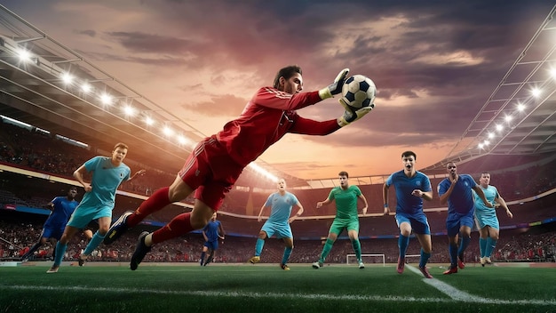 Goalkeeper catches the ball in the stadium during a football game