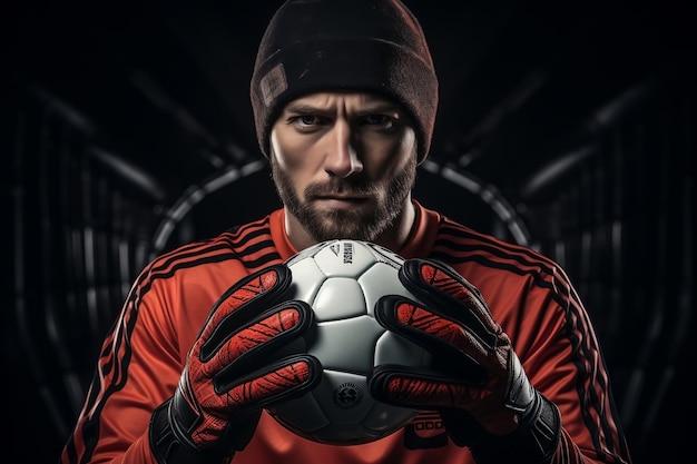 Goalkeeper closed up grasp on soccer ball Generative AI