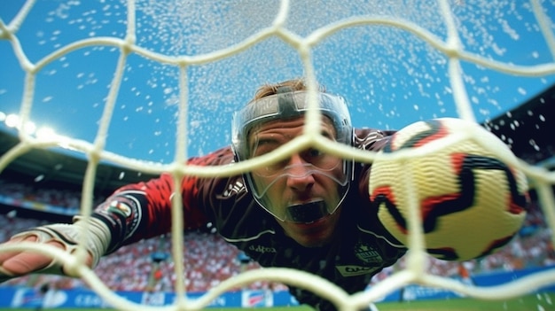 A goalkeeper diving into a net with the word fifa on it