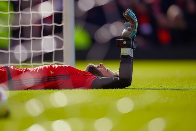 Foto il portiere sdraiato a terra dopo un salvataggio