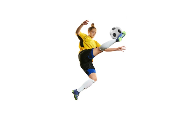 Goalkeeper young professional female football soccer player in motion training playing isolated