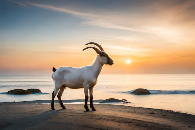 A goat on a beach at sunset