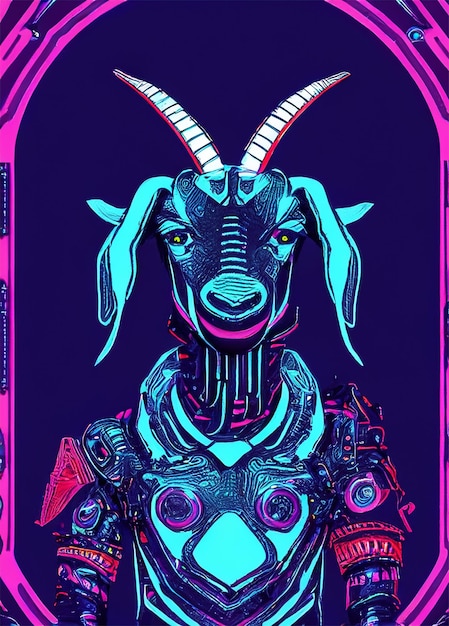 Goat cyborg with cyberpunk background